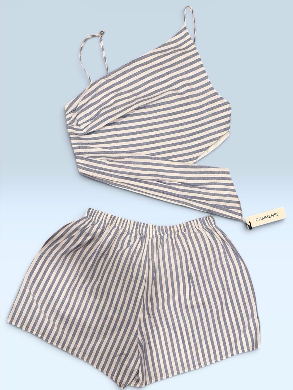 Commense Striped Blue & White Two-Piece Crop Top + Shorts Set - Picture 6 of 6
